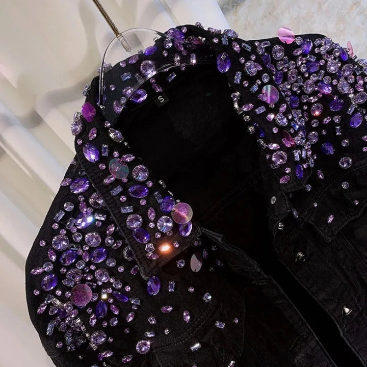 Veste Jean Noir Strass Violet Femme