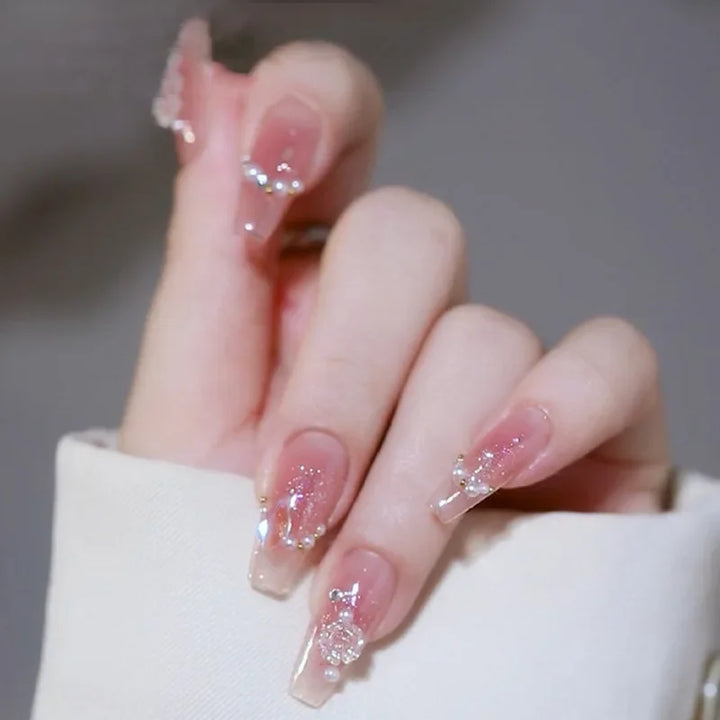 Faux Ongle Rose Paillette Rose perle