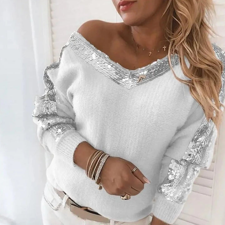 Pull Manches Longues Col V Paillette Femme blanc