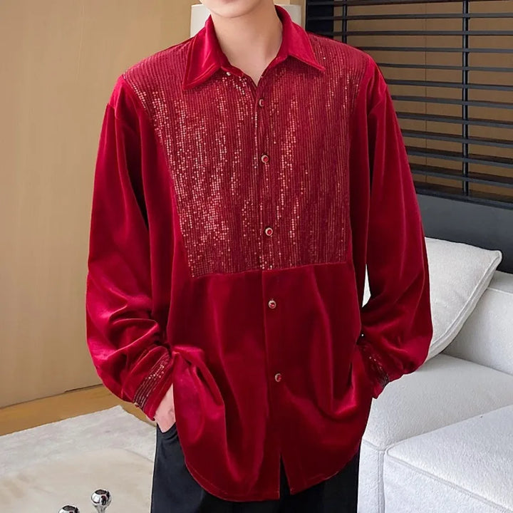 Chemise en Velours Rouge Homme Pailleté