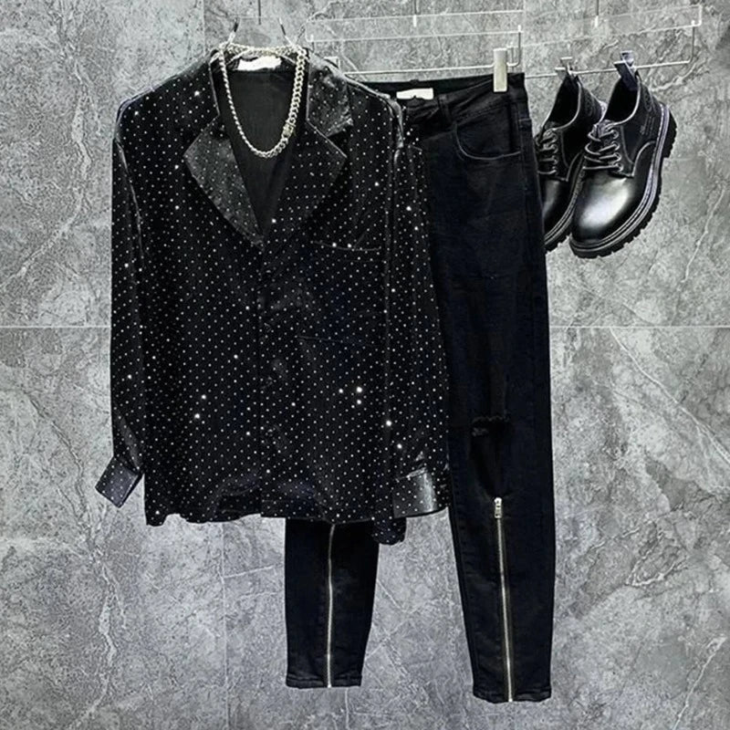 Chemise Noire Strass Homme Style Blazer