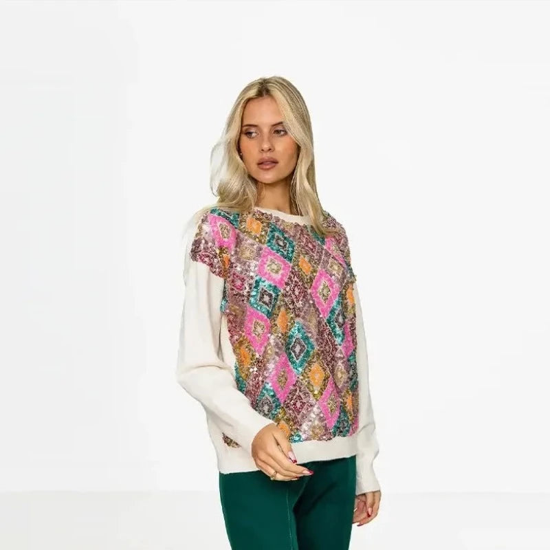 Pull Pailleté Femme Col Rond Multicolore