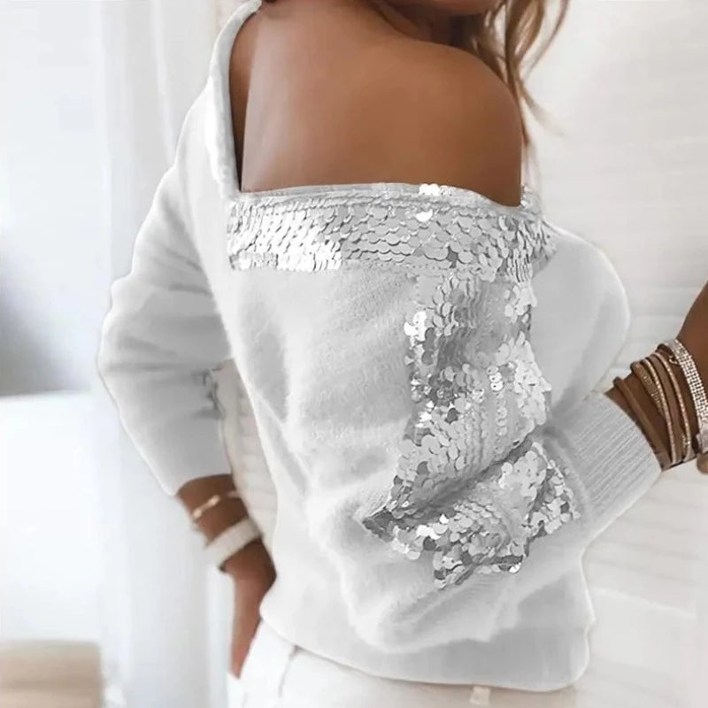 Pull Manches Longues Col V Paillette Femme blanc