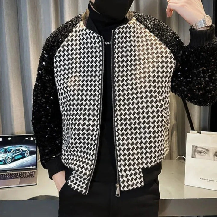 Veste Bomber Paillette Homme Noir et Blanc