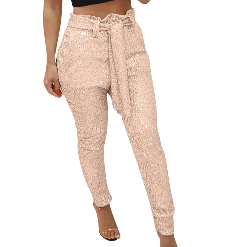 Pantalon Paillette Avec Ceinture Rose