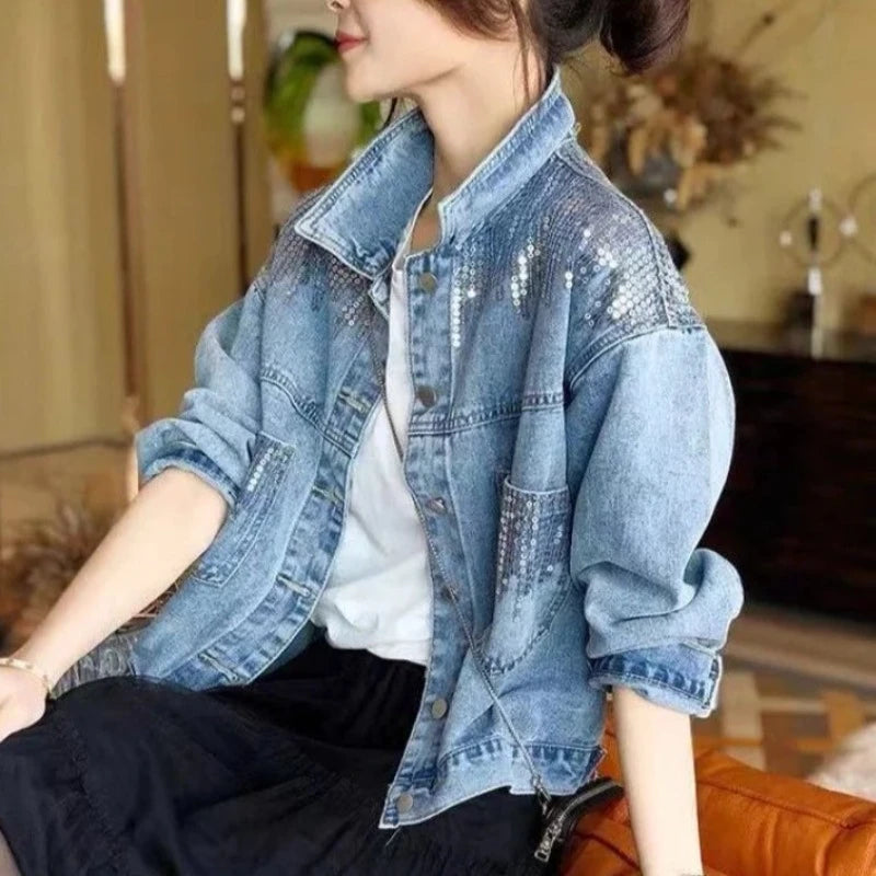 Veste Jean Courte Paillette Femme