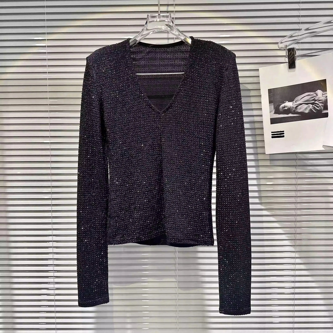 T Shirt Paillettes Manches Longues Col V Femme Strass Paillettes