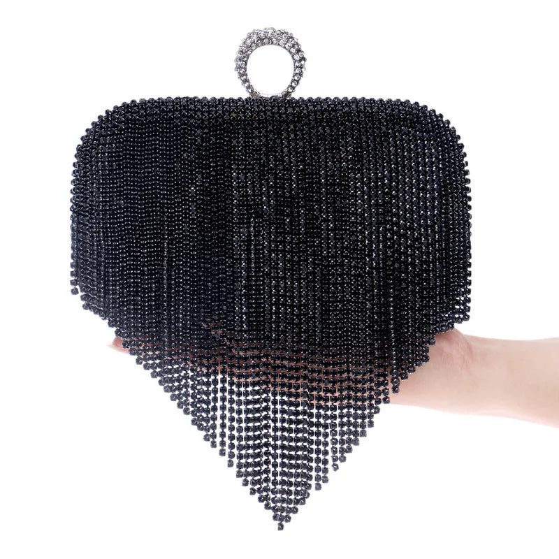 Petit Sac à Main Strass Avec Franges Noir