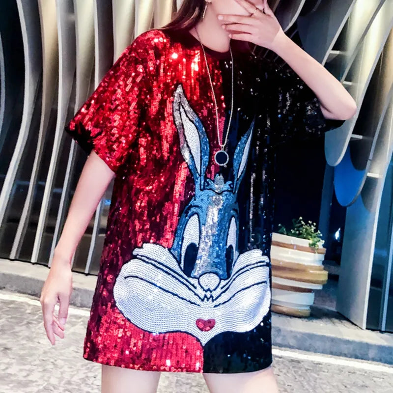 T-shirt Long Paillette Lapin 2 Couleurs Rouge