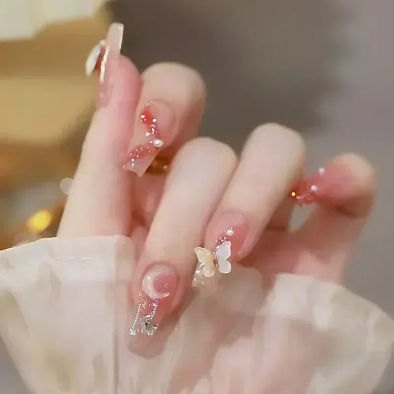 Faux Ongle Rose Paillette Rosé papillon