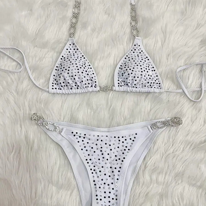 Maillot de Bain Blanc Deux Pièces Strass