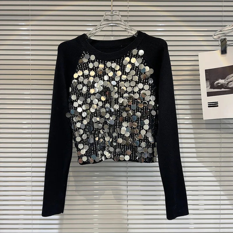 Pull Noir Pailleté Argenté Taille XL - Occasion En Très Bon état, Parfait Pour Sortir