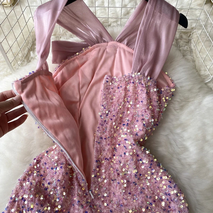 Robe Paillette Rose Noeud