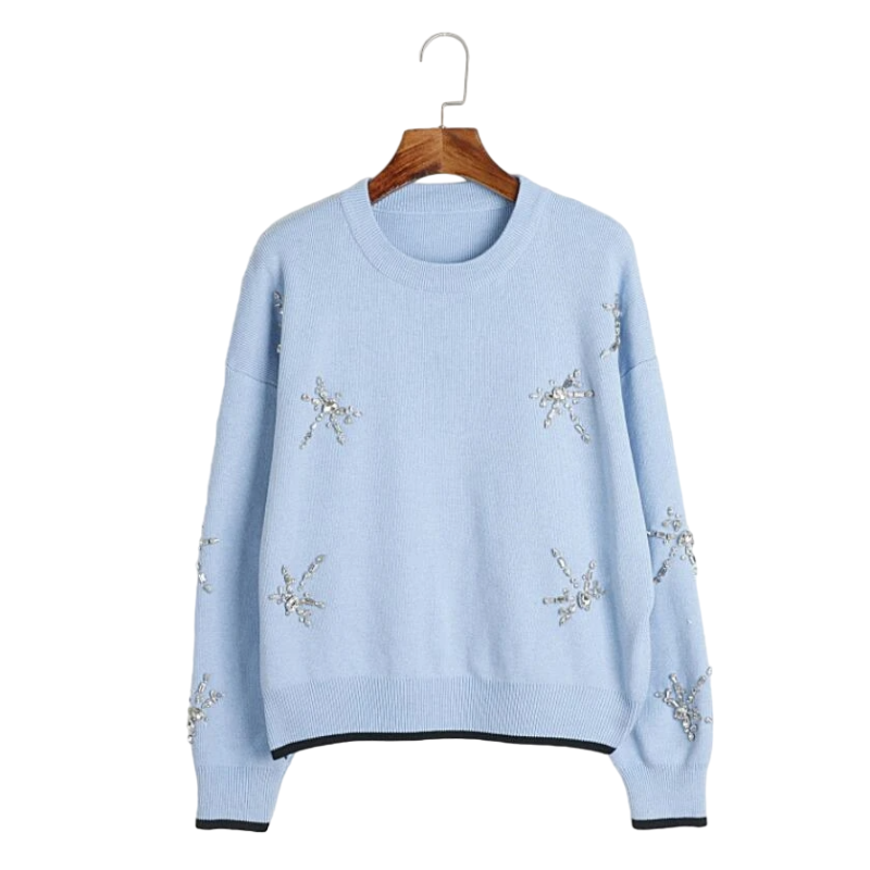 Pull Avec Strass Col Rond Femme Bleu