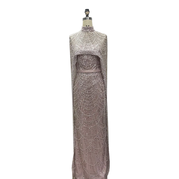 Robe Soirée Paillette Perles gris rose