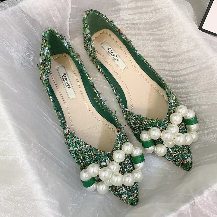 Mocassin vert Pailleté Perles Blanches