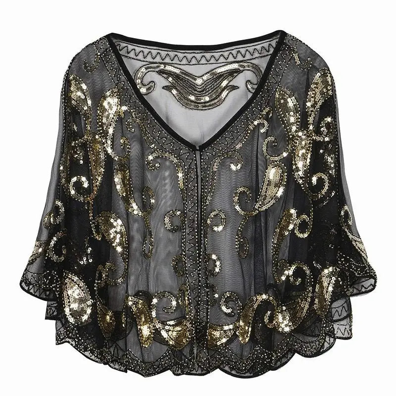 Blouse Paillette Col V noire et or