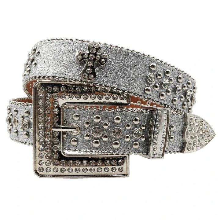 Ceinture Paillette Strass Homme Femme croix argenté