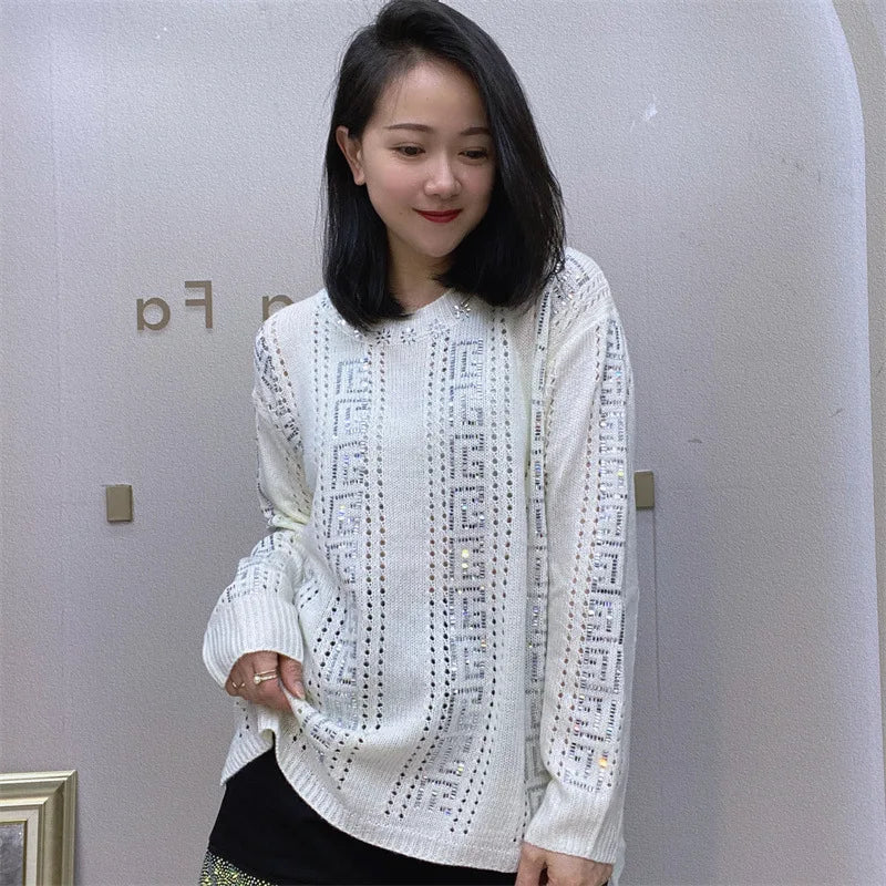 Pull Blanc Pailleté Strass Femme Tricot