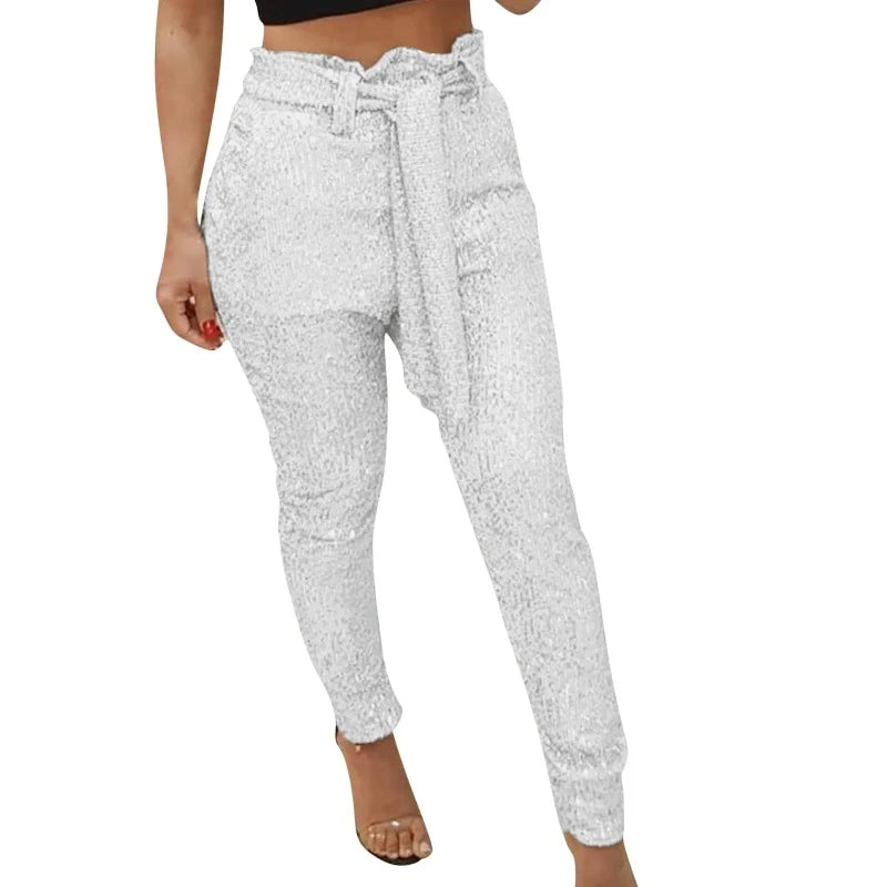 Pantalon Paillette Avec Ceinture Blanc