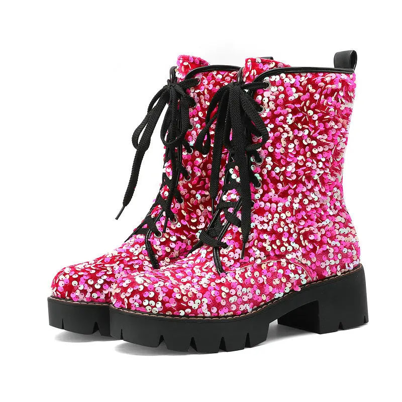 Bottines Paillettes Montantes Femme rose