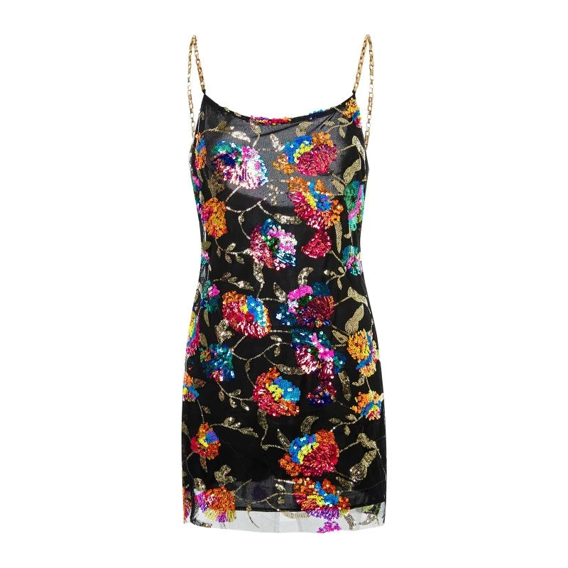 Robe Paillette Noir Dos Nu Fleurs Bretelle Chaine