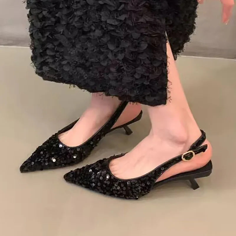 Escarpin Paillette Ouvert à l'Arrière Strass Paillettes – Strass