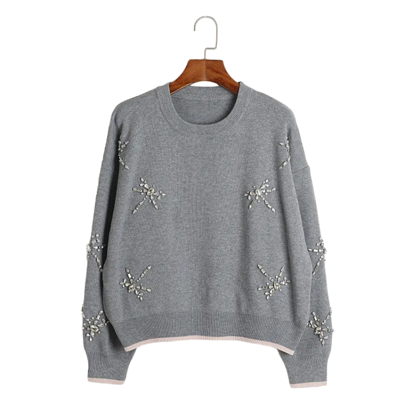 Pull Avec Strass Col Rond Femme Gris