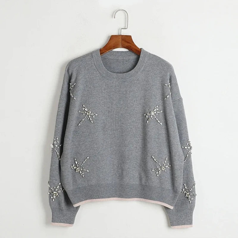 Pull Avec Strass Col Rond Femme Gris