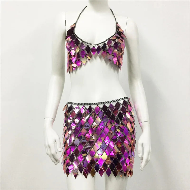 Ensemble Jupe et Soutien Gorge Grosses Paillettes violet