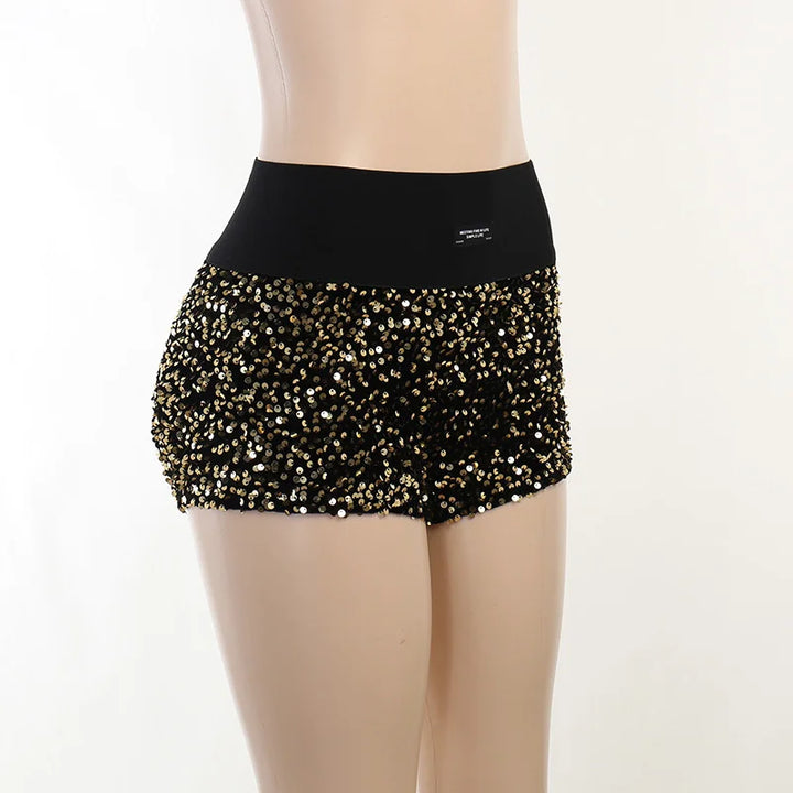 Short Paillette Taille Haute Sexy noir