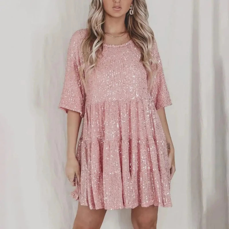 Robe Rose Courte à Paillettes Plissée