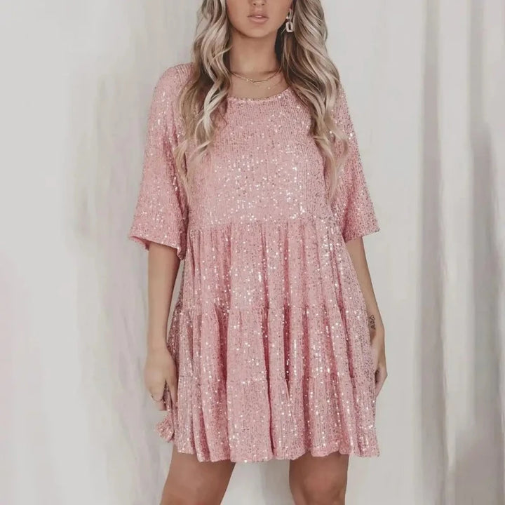 Robe Rose Courte à Paillettes Plissée