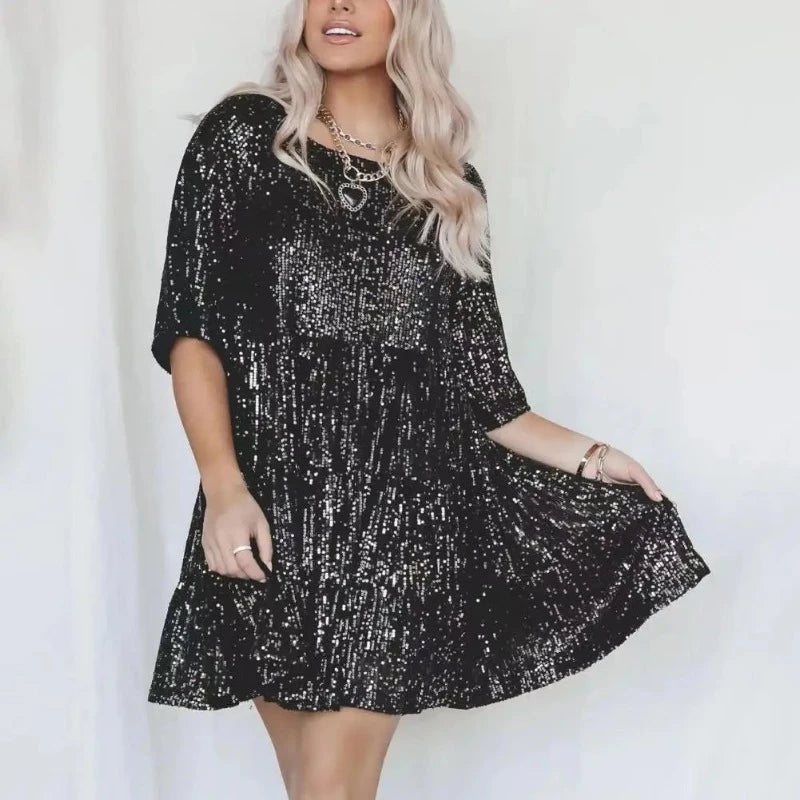 Robe Noir  Courte à Paillettes Plissée