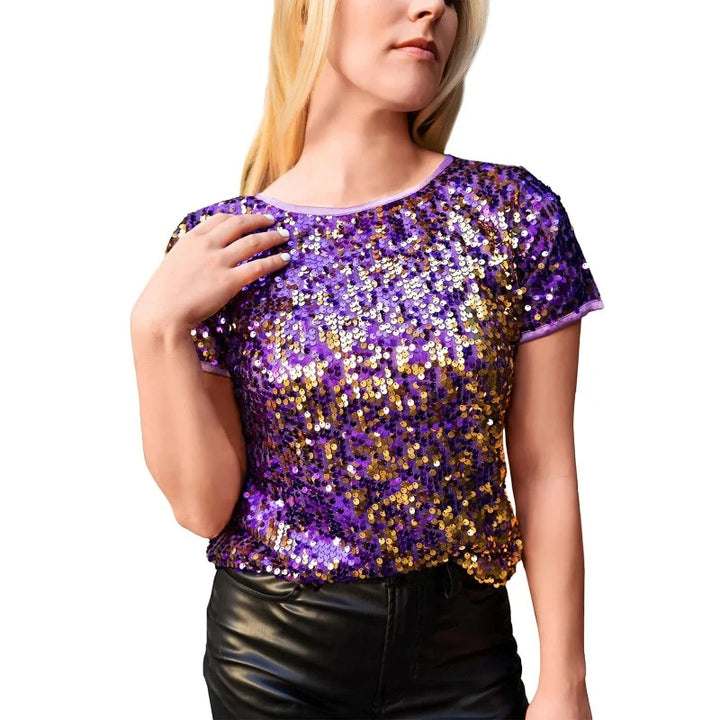 T Shirt Paillette Femme Col Rond violet