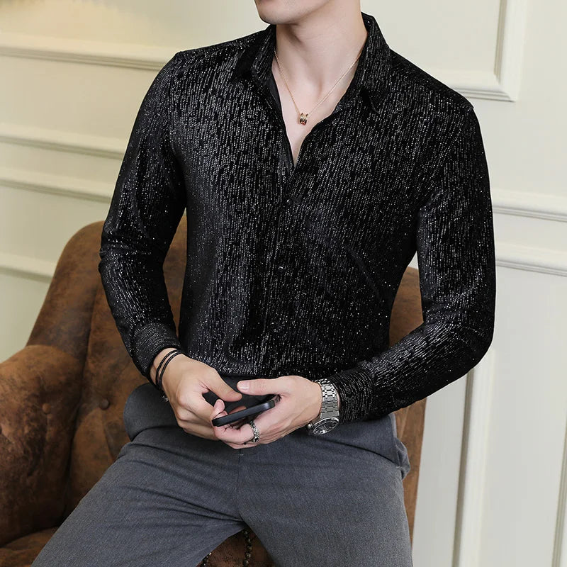 Chemise Paillette Rayée Velours Homme noire