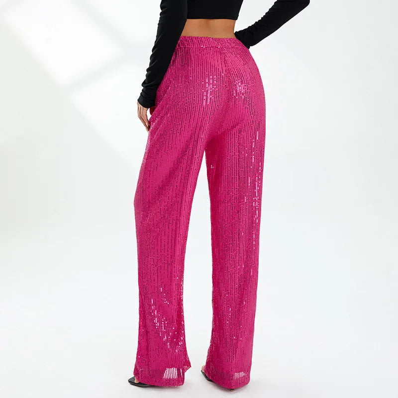 Pantalon Paillette Femme Coupe Droite rose