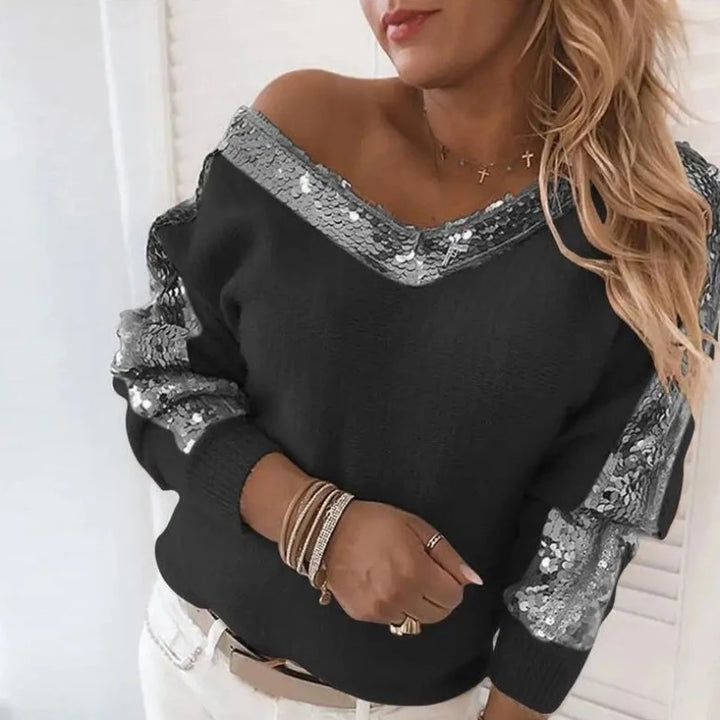 Pull Manches Longues Col V Paillette Femme noir