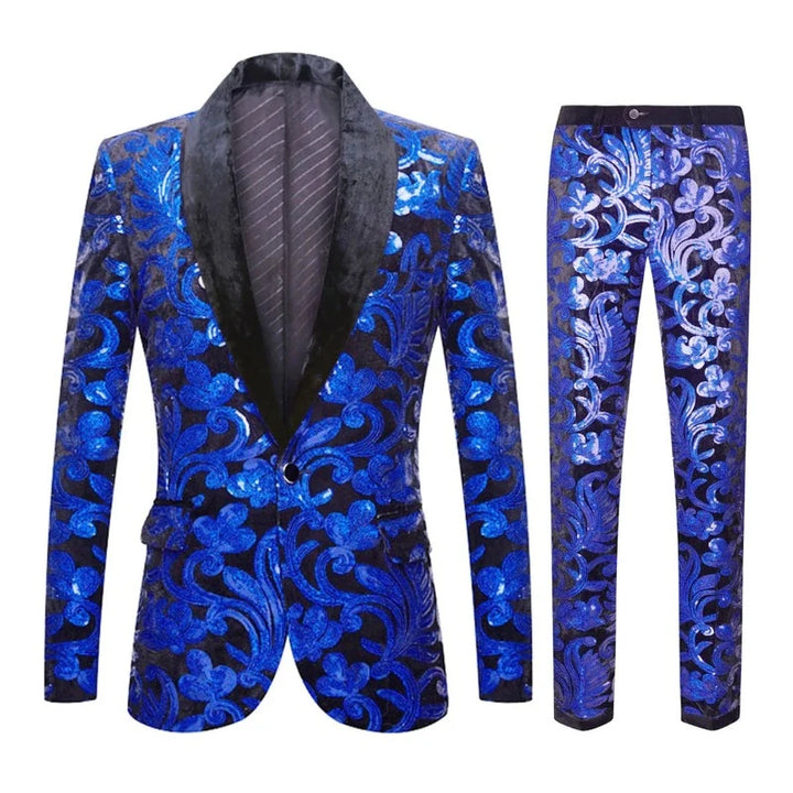 Veste Costume et Pantalon Paillette Velours Homme bleu