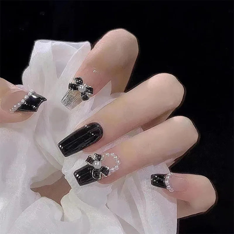 Faux Ongle Rose Paillette Noir strass