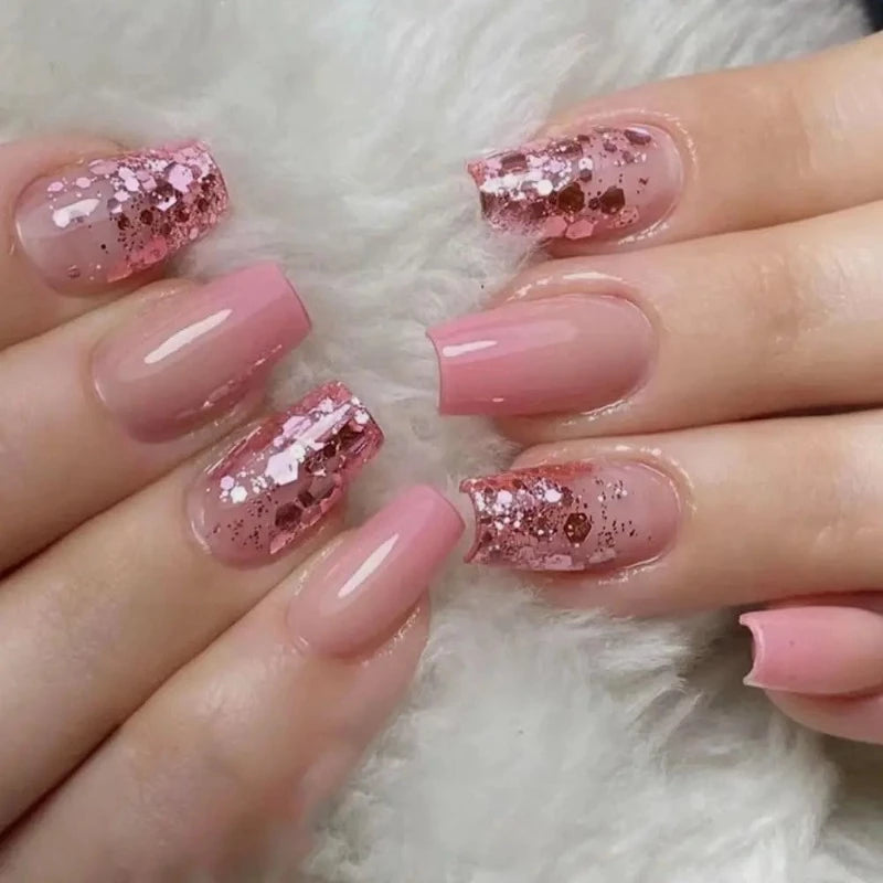 Faux Ongle Rose Paillette Rose paillettes