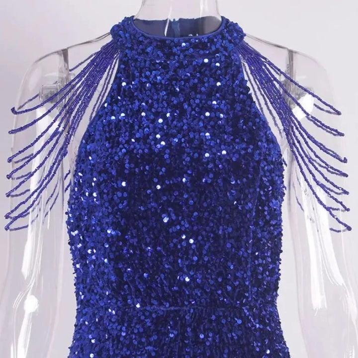 Robe Bleu de Soirée Paillette Elégante