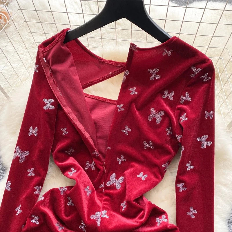 Robe Velours Rouge Papillon Paillette