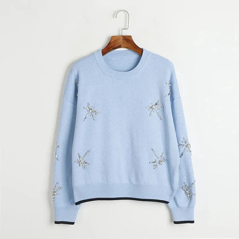 Pull Avec Strass Col Rond Femme Bleu