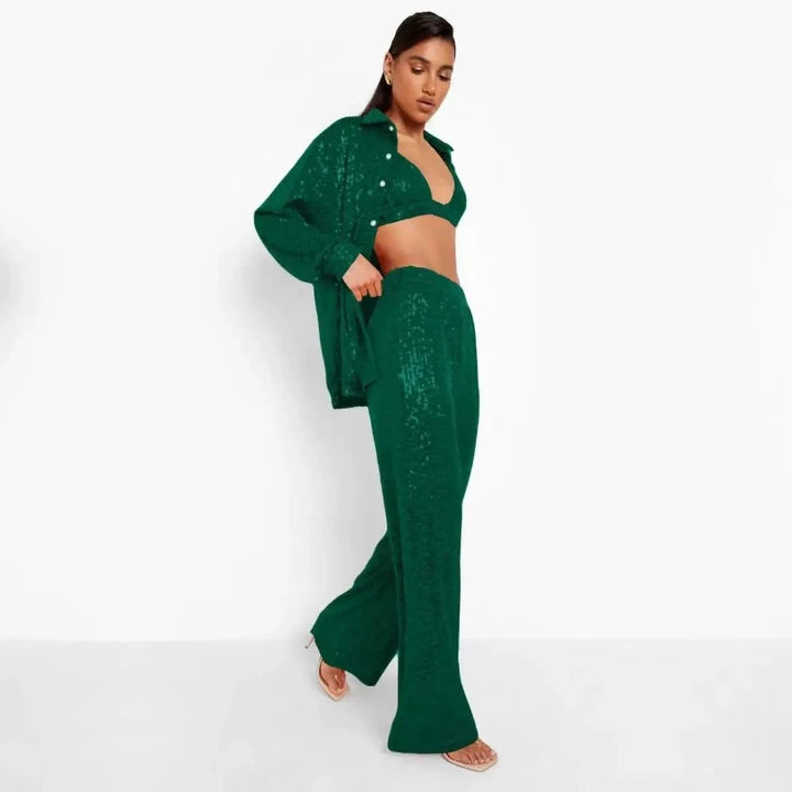 Ensemble Paillette Chemise Pantalon et Soutien Gorge Vert