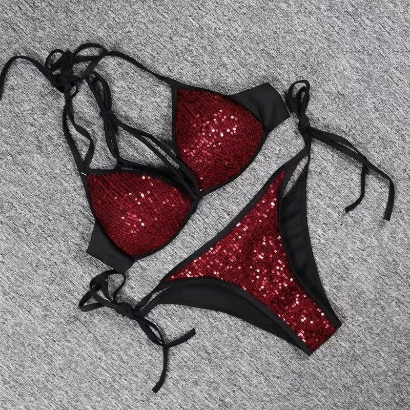 Maillot de Bain Rouge Pailleté Attache Cou