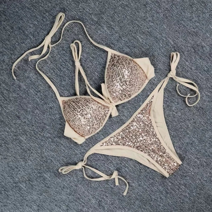 Maillot de Bain Beige Pailleté Attache Cou