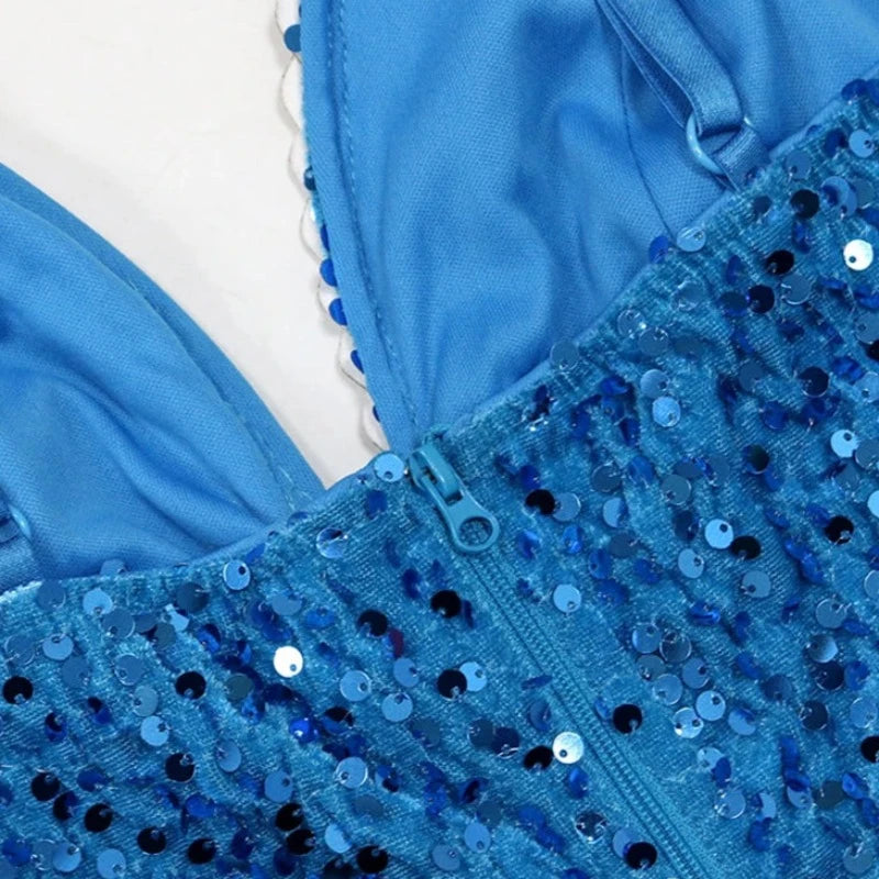 Robe Bleu Fendue Strass et Paillettes Bretelles