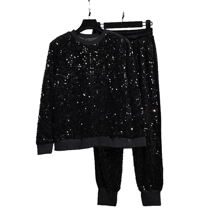 Ensemble Paillette Noir Pantalon Pull Femme