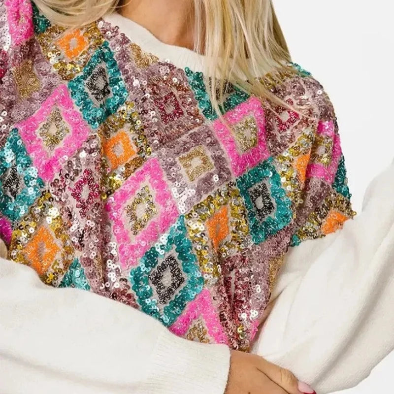 Pull Pailleté Femme Col Rond Multicolore